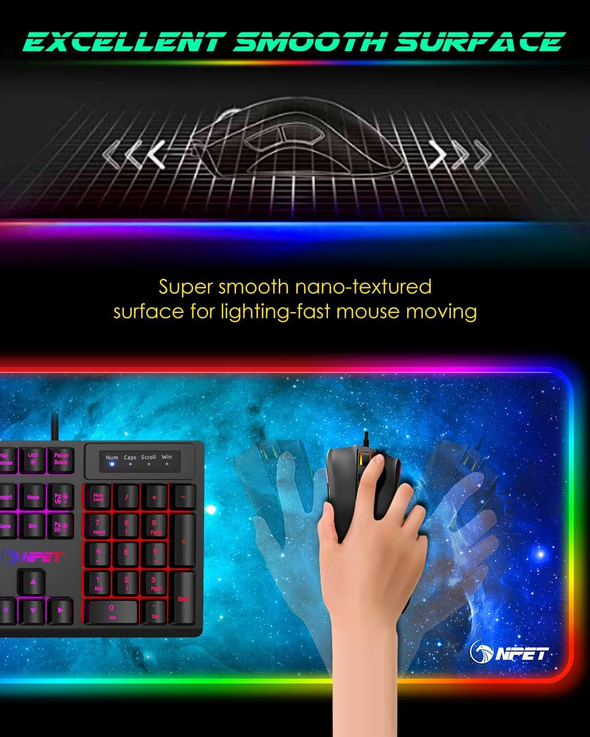 MP02-SP Gaming Mouse Pad, Cloth Mouse Pad, Anti-Slip Base, RGB Backlit, Stitched Edges, Water-Resistant, Optimized for Gaming Sensors, XL