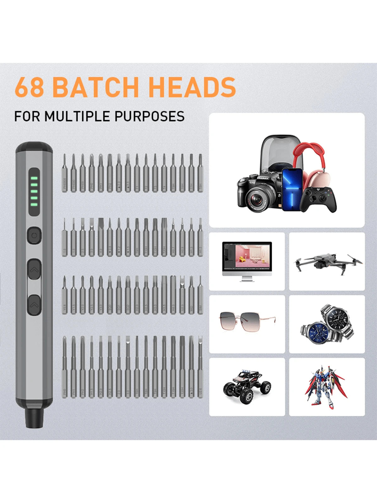 68 in 1 Electric Screwdriver with 64 Magnetic Bits, Precision Screwdriver Cordless Repair Tool for Phone Camera Laptop Watch